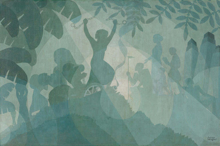 An oil painting in shades of green that features a silhouette of Harriet Tubman breaking her shackles in the center. To her left there are silhouettes of human figures in chains, kneeling, or carrying large loads. To her right there are silhouettes of human figures standing in front of city buildings.