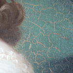 A detail from the painting showing wide drying cracks in the paint.