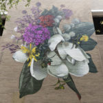 A large-scale mural of white, yellow, and pink flowers painted on a brick building.