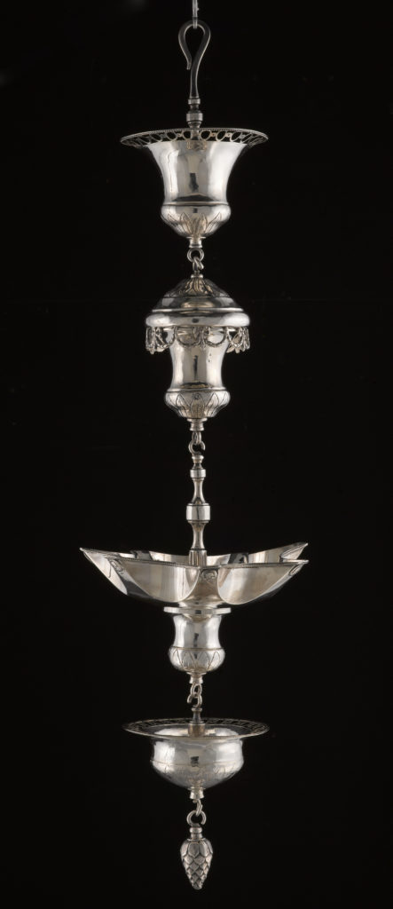 A large, silver, chandelier-style hanging lamp.