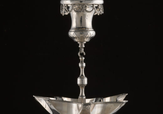 A large, silver, chandelier-style hanging lamp.