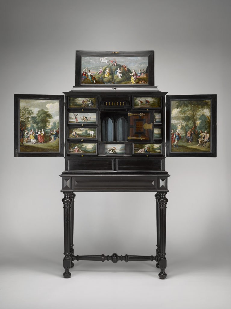 Simon Floquet Ebony Cabinet with Thirteen Painting of Classical Subjects 1630