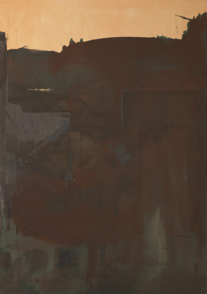 An abstract painting with large, dark gray and burgundy washes of color below a light peach-toned wash of color.