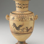 A painted ceramic vase decorated with leafy, ornamental patterns and two animal scenes. One scene depicts a wild goat and a hunting dog, and the other depicts two water birds.