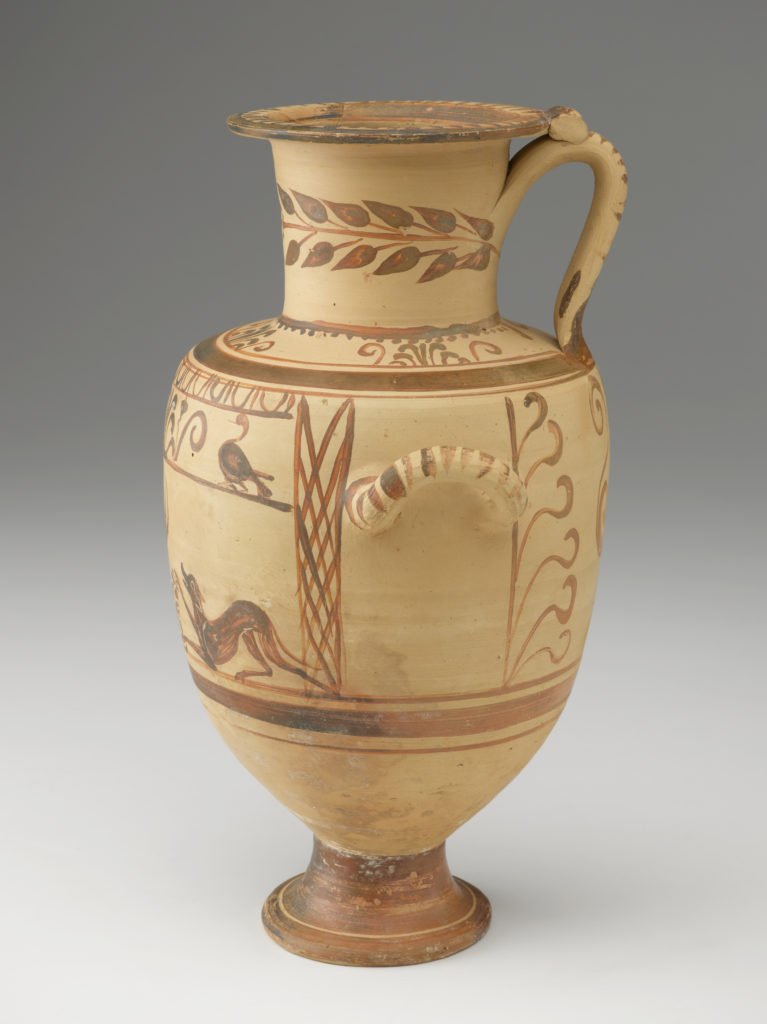A painted ceramic vase decorated with leafy, ornamental patterns and two animal scenes. One scene depicts a wild goat and a hunting dog, and the other depicts two water birds.