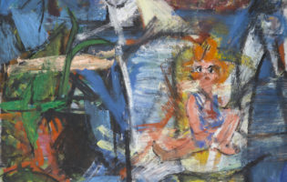 A painting of a doll with orange hair, green plants, a white and gray sculpture of a head, and other colorful, loosely drawn shapes. The shapes are set against a bold blue background.