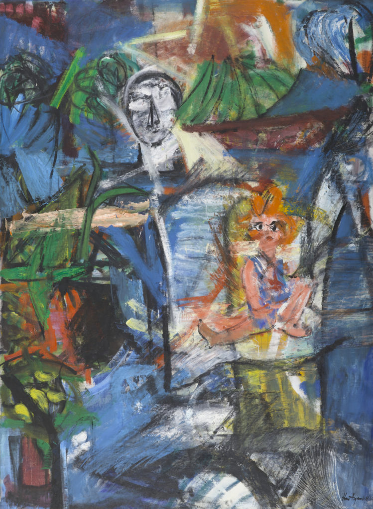 A painting of a doll with orange hair, green plants, a white and gray sculpture of a head, and other colorful, loosely drawn shapes. The shapes are set against a bold blue background.