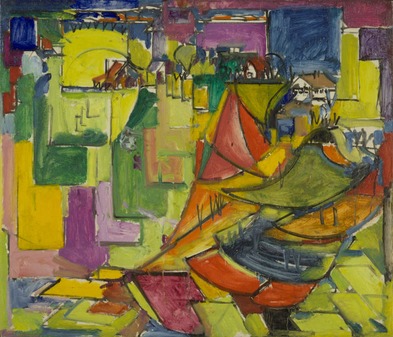 Una pintura abstracta de formas geométricas superpuestas en tonos verdes, rojos, morados y azules.