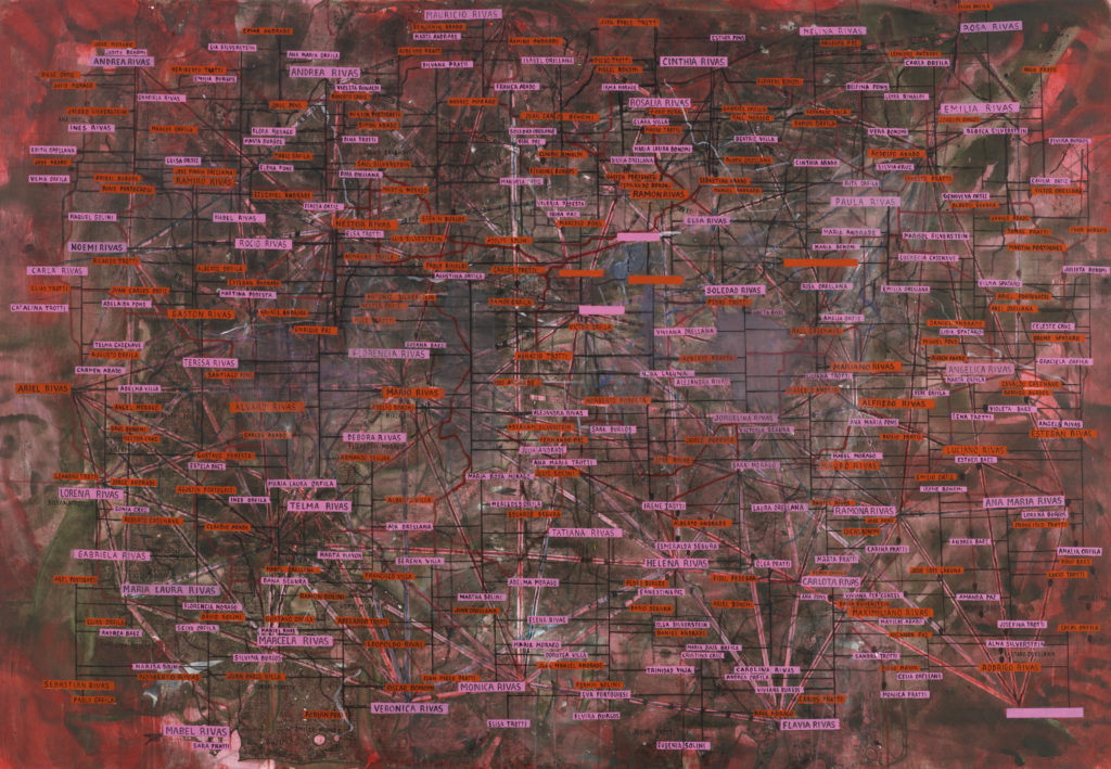 A painted map of Argentina labeled with people's names in red and pink boxes.