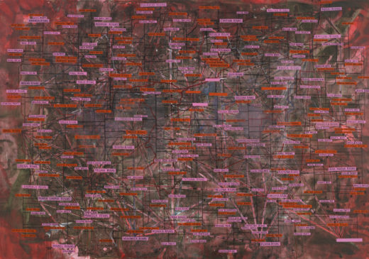 A painted map of Argentina labeled with people&#039;s names in red and pink boxes.
