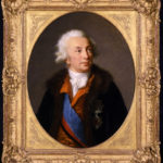 An oil painting of a white-haired man in front of a brownish gray background. He is wearing a white neck scarf, a red-orange vest, a blue, red, and black-striped sash, and dark brown fur coat with two silver medallions pinned to it. View of work within it's gold frame.