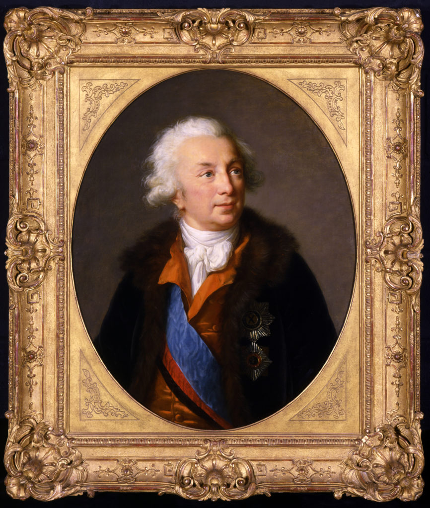 An oil painting of a white-haired man in front of a brownish gray background. He is wearing a white neck scarf, a red-orange vest, a blue, red, and black-striped sash, and dark brown fur coat with two silver medallions pinned to it.