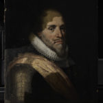 The portrait with the old varnish removed from part of the face, collar, and sash.