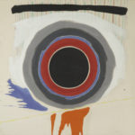 An abstract painting of black, red, blue, gray, and white circles that are layered on top of one another, with a beige background. There is a line of black paint above the circles. There are two splashes of paint, one orange and one blue, below the circles.