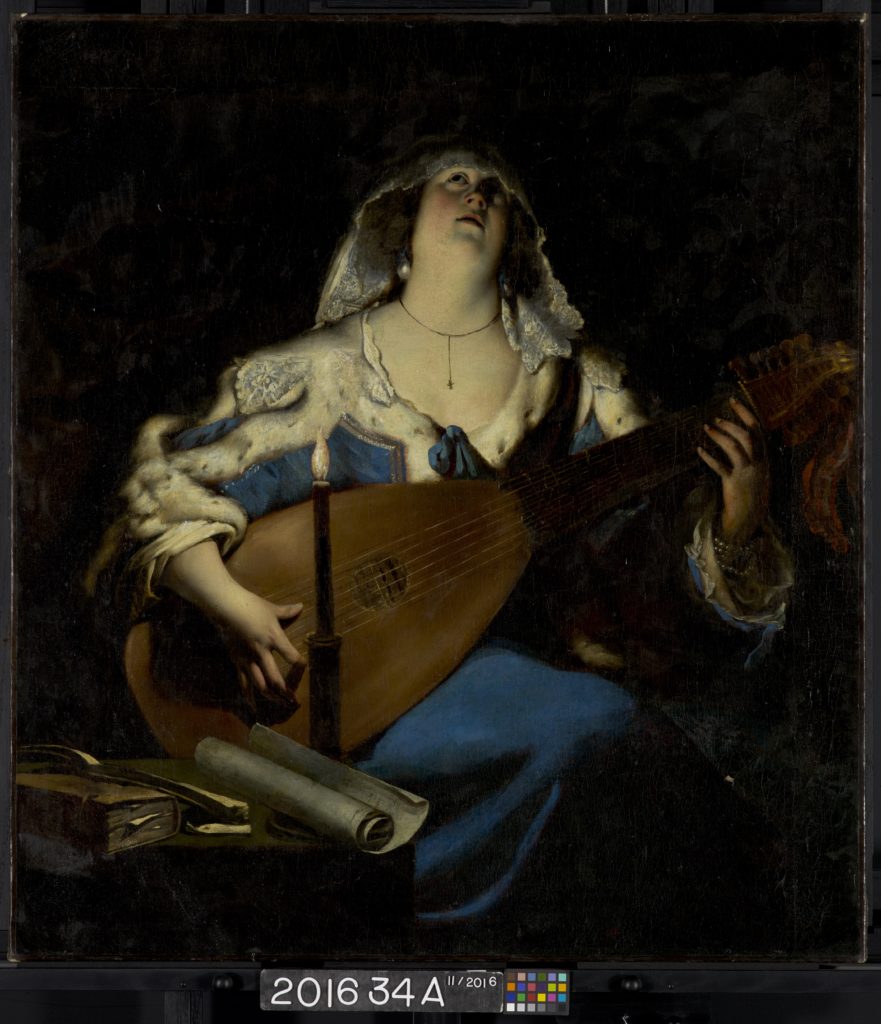 An oil painting of a fair-skinned woman in a red dress playing a lute by candlelight against a solid black background.