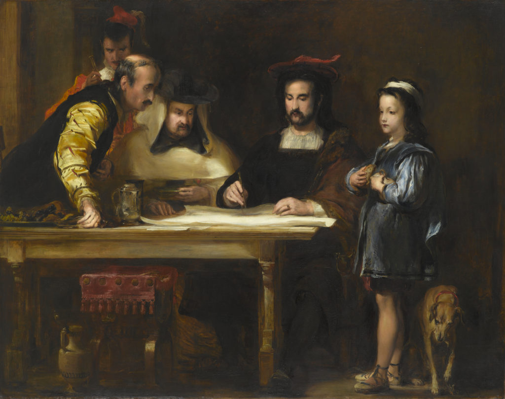 An oil painting of four formally dressed men gathered around a table, looking over some documents. The man in the middle of the scene is Christopher Columbus. He is depicted holding a compass and planning his travel route. To the right of the table is a child dressed in blue. A dog is standing behind the child.