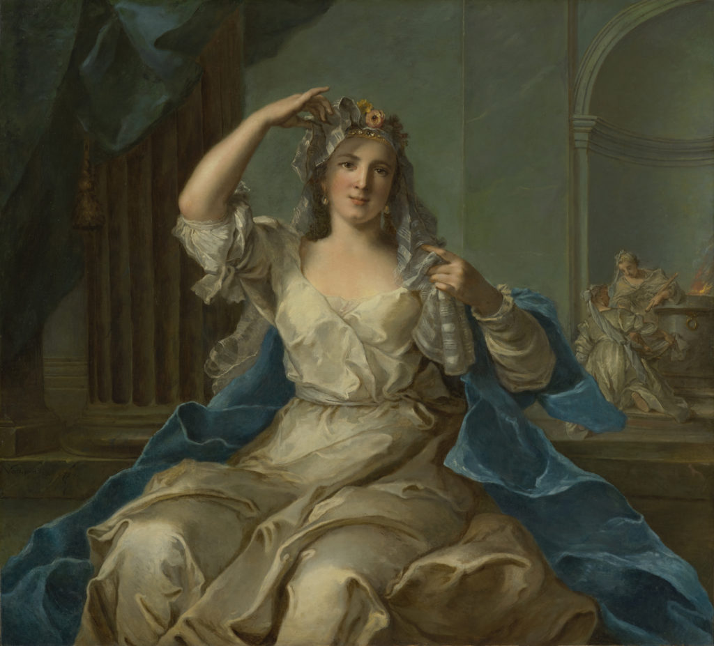 An oil painting of a seated woman wearing a white dress, a blue robe, and a headscarf with a floral crown. A large column and two women wearing similar dresses are depicted in the background.