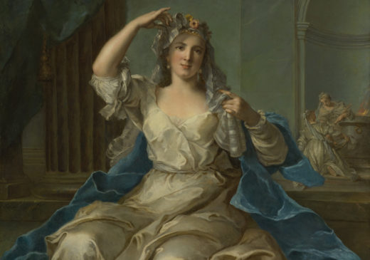 An oil painting of a seated woman wearing a white dress, a blue robe, and a headscarf with a floral crown. A large column and two women wearing similar dresses are depicted in the background.