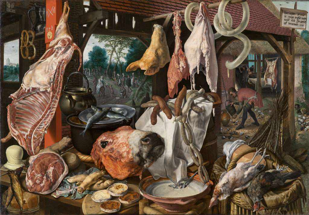 An oil painting of a 16th-century market scene depicting a vendor’s display of meat and slaughtered animals. In the distant background, a woman riding on a donkey is traveling with her family and giving donations to other people.