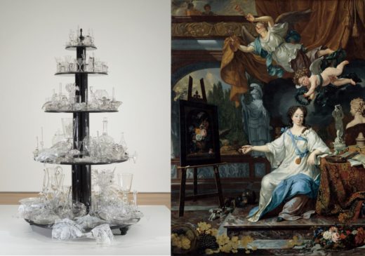 combined image of a tiered sculpture and painting of an artist in her studio