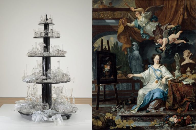 combined image of a tiered sculpture and painting of an artist in her studio