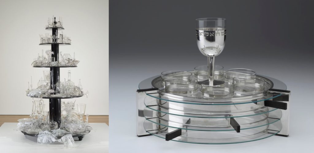 combined image of a tiered glass sculpture and a passover seder set