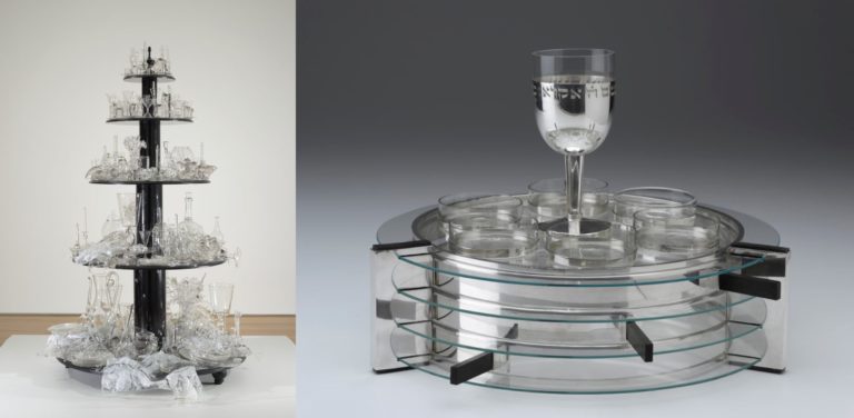 combined image of a tiered glass sculpture and a passover seder set