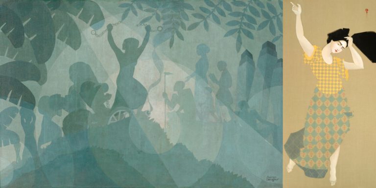 combined image of a painting of Harriet Tubman and a dancer