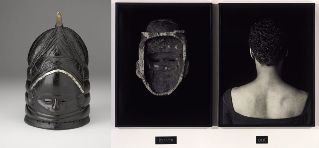 combined image of an African mask and contemporary photograph