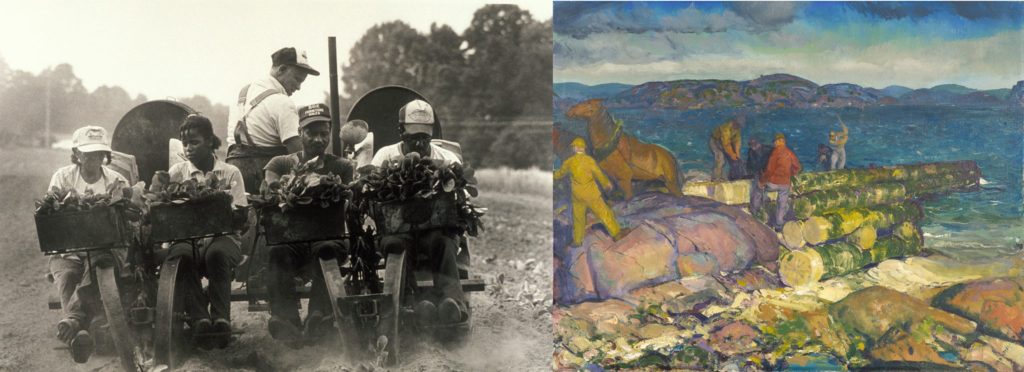Combined image of a photography and painting of people working