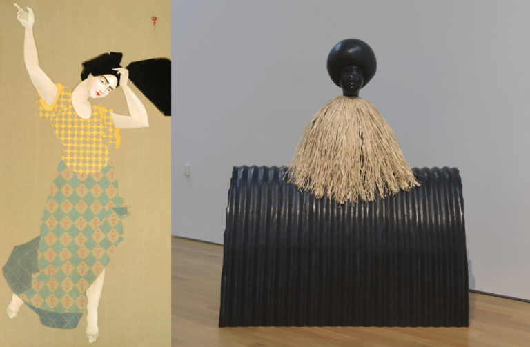 combined image of a painting and sculpture showing a female figure
