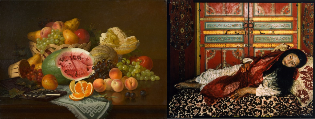 Combined image of a still life and a photograph of a woman in an interior