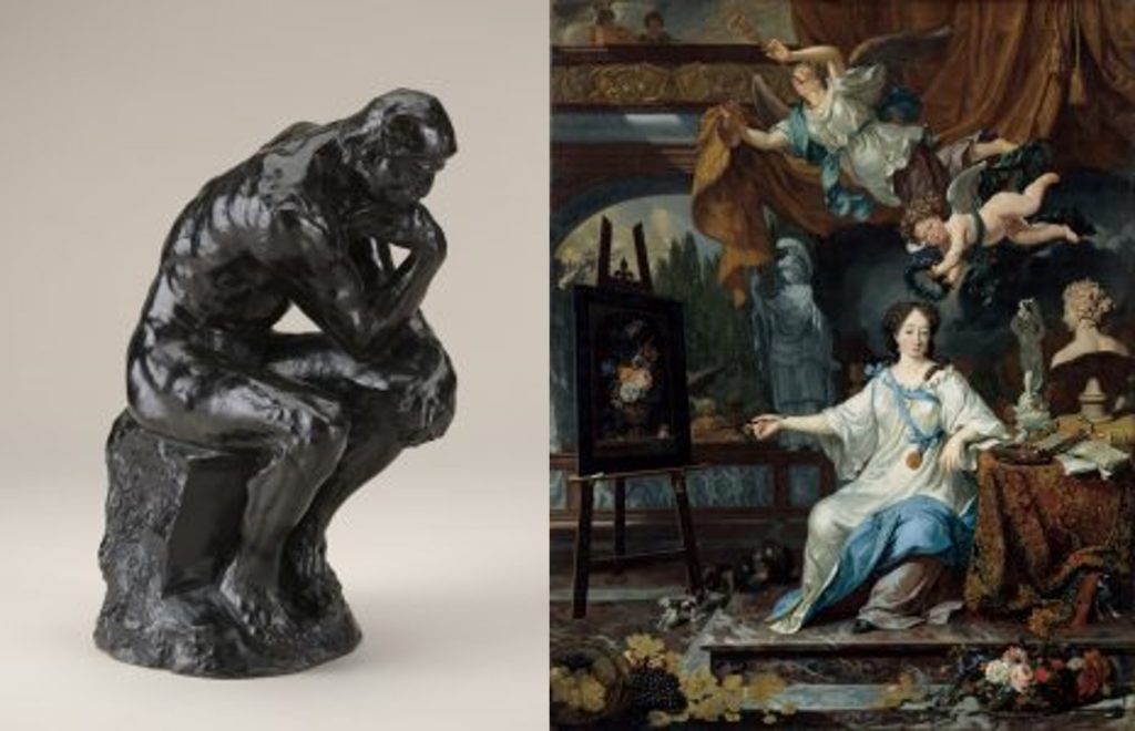 Combined image of Rodin's Thinker and van Musscher's Allegorical Portrait