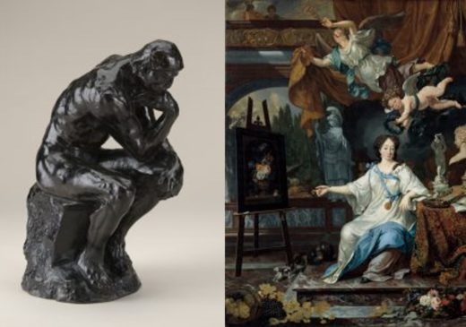 Combined image of Rodin's Thinker and van Musscher's Allegorical Portrait