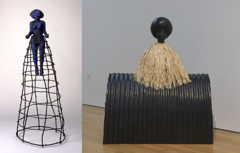 combined image of two figural sculptures