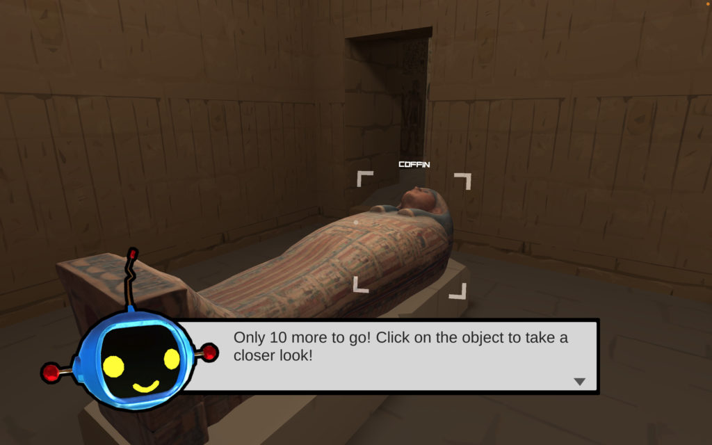 Screen shot of game prompt with mummy coffin from NCMA Explore