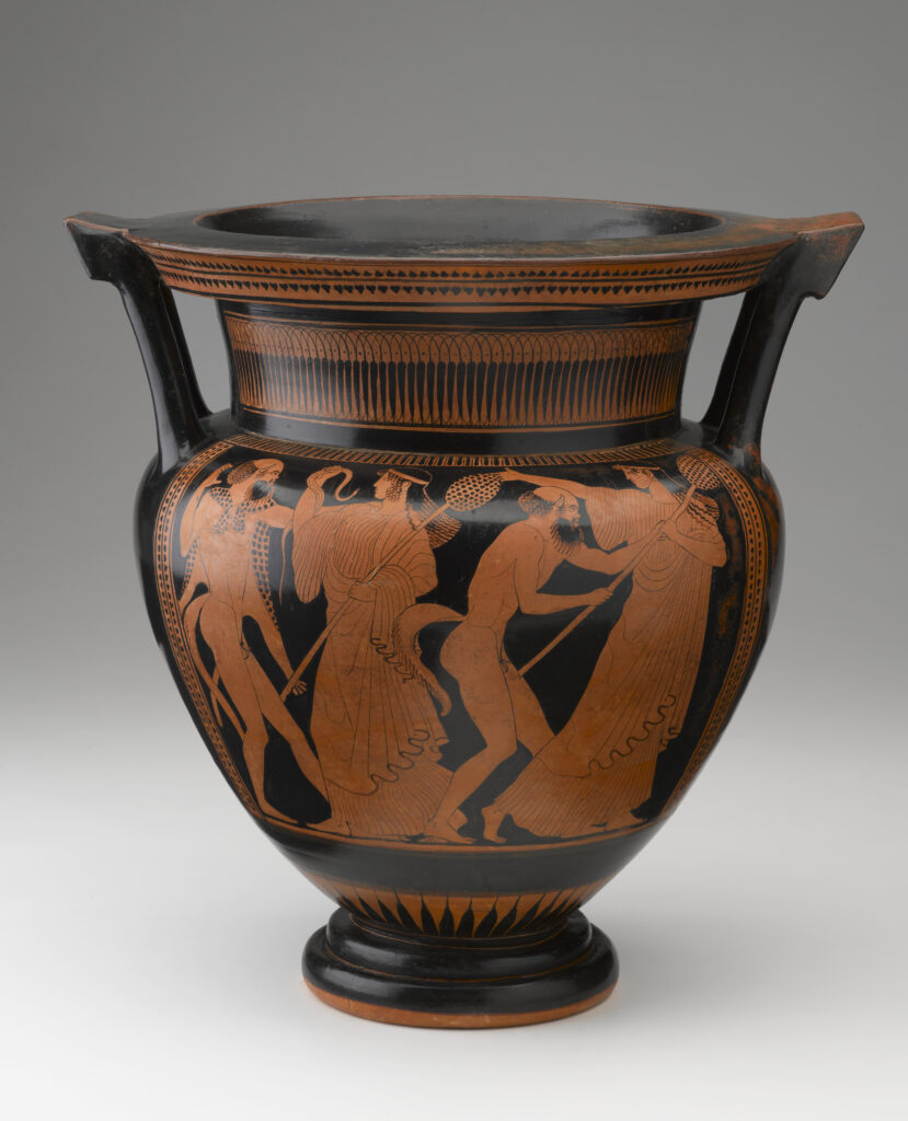 A large vase with a rounded body, two thick handles, and a wide opening. The background is painted black. The neck and lip of the vase are decorated with linear patterns, and the body of the vessel features four red standing figures. View of front.