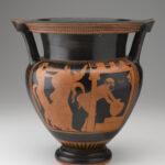 A large vase with a rounded body, two thick handles, and a wide opening. The background is painted black. The neck and lip of the vase are decorated with linear patterns, and the body of the vessel features four red standing figures. View of reverse.
