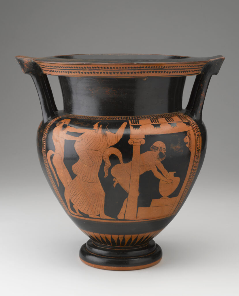 A large vase with a rounded body, two thick handles, and a wide opening. The background is painted black. The neck and lip of the vase are decorated with linear patterns, and the body of the vessel features four red standing figures. View of front.