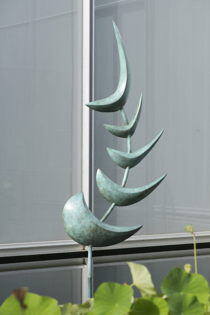 A metal abstract fishlike sculpture standing upright in a shallow pool of water. The sculpture is made up of five blue-green crescent shapes on a curved pole. There are windows in the background and aquatic plants in the foreground.