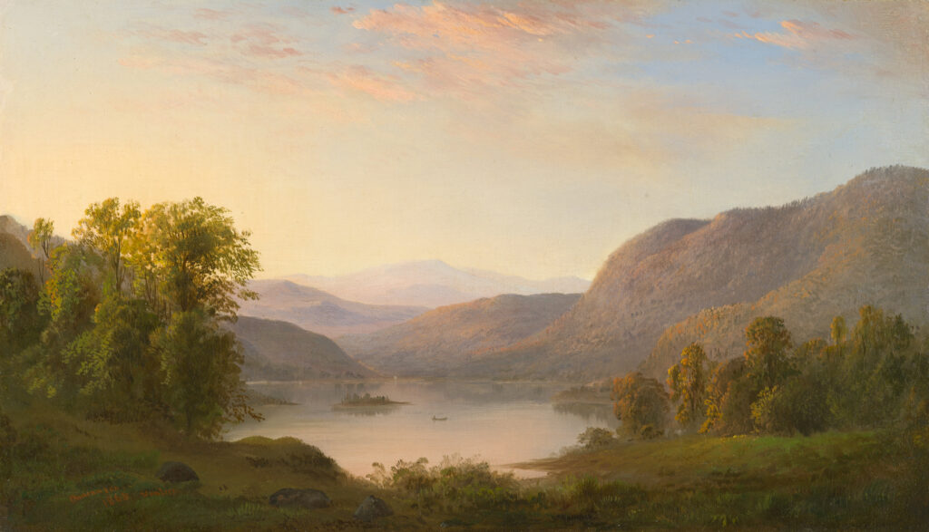A landscape painting of a lake surrounded by tree-covered mountains. Trees, grass, and rocks are depicted in the foreground, and there is a small boat on the lake. The mountains, water, and clouds have a warm pink hue.