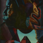 A painting in shades of black, brown, blue, red, and yellow that includes images of human faces, geometric shapes, and African masks. At the top left, a profile view of a face overlaps a larger profile view of a face.