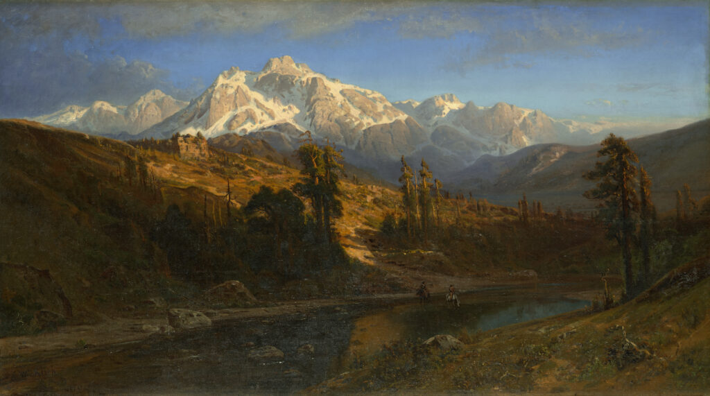 An oil painting of a mountain landscape. Two human figures on horseback are shown crossing the shallow water between two slopes. A few trees grow from the light brown earth of the slopes. In the background there is a rocky mountain range criss-crossed with snow.