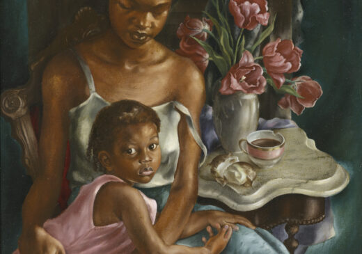 A portrait of a seated woman with a young girl leaning against her lap. The mother is wearing a blue skirt, and the child is wearing a pink dress. A bouquet of pink flowers, a full teacup, and half of a potato are depicted on top of a small table.