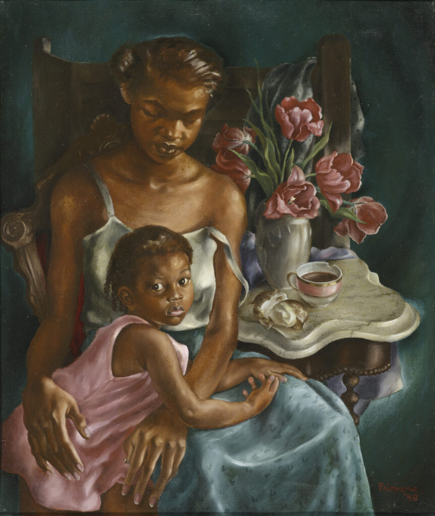 A portrait of a seated woman with a young girl leaning against her lap. The mother is wearing a blue skirt, and the child is wearing a pink dress. A bouquet of pink flowers, a full teacup, and half of a potato are depicted on top of a small table.