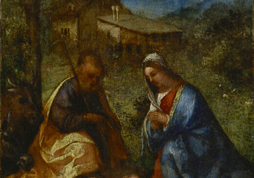 An oil painting of the baby Jesus and his parents in an outdoor setting. The sky is blue, and hazy mountains line the horizon. There is a barn in the background. Mary is dressed in a blue robe and kneels, with her hands held in prayer. Joseph is dressed in a yellow robe. The faces of a cow and a donkey are depicted on the far left side of the scene. Mary, Joseph, and the animals gaze down at the child.