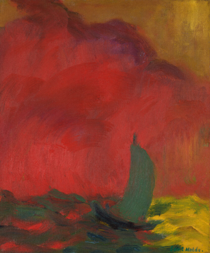This oil painting depicts a small black boat with a green sail. The sky is predominantly red and golden yellow, and the water is dark green. Sunlight reflects on the surface of the water.