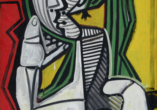 A painting of a nude, seated woman. Her face and body are made up of abstract, geometric shapes. She is sitting in a chair, with her left arm on the armrest and her right arm propped under her jaw.