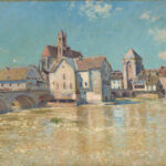 An oil painting of a landscape scene. The lower half of the painting is the water of a river in shades of blue, green, and tan. A stone bridge with arched openings underneath cuts through the middle of the painting. There is a stone building on an island that is attached to the middle of the bridge. Above that is a village skyline made of stone buildings. The tallest of the buildings is a cathedral with a spire that is just left of center. Above the buildings is a blue sky with a few white clouds.
