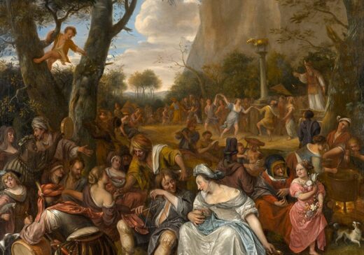 An oil painting depicting many people interacting with one another in a lively outdoor scene. The figures in the center are dancing in a circle around a pillar with a golden calf on it. The figures in the foreground are talking, eating, drinking, and playing music. In the background a man stands on a mountain with his hands in the air.